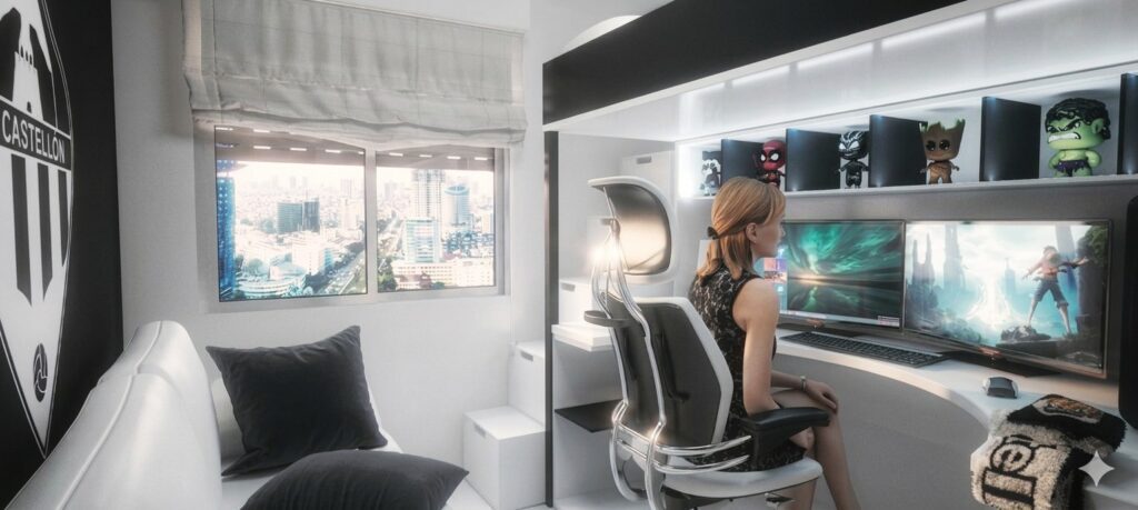 Render 3D de un dormitorio gamer moderno con iluminación ambiental. Destaca el mobiliario esquinero a medida en tonos blancos y madera oscura, una balda superior con una tira de luces LED integradas, motivos decorativos geométricos en las paredes y una guitarra acústica apoyada en el rincón.