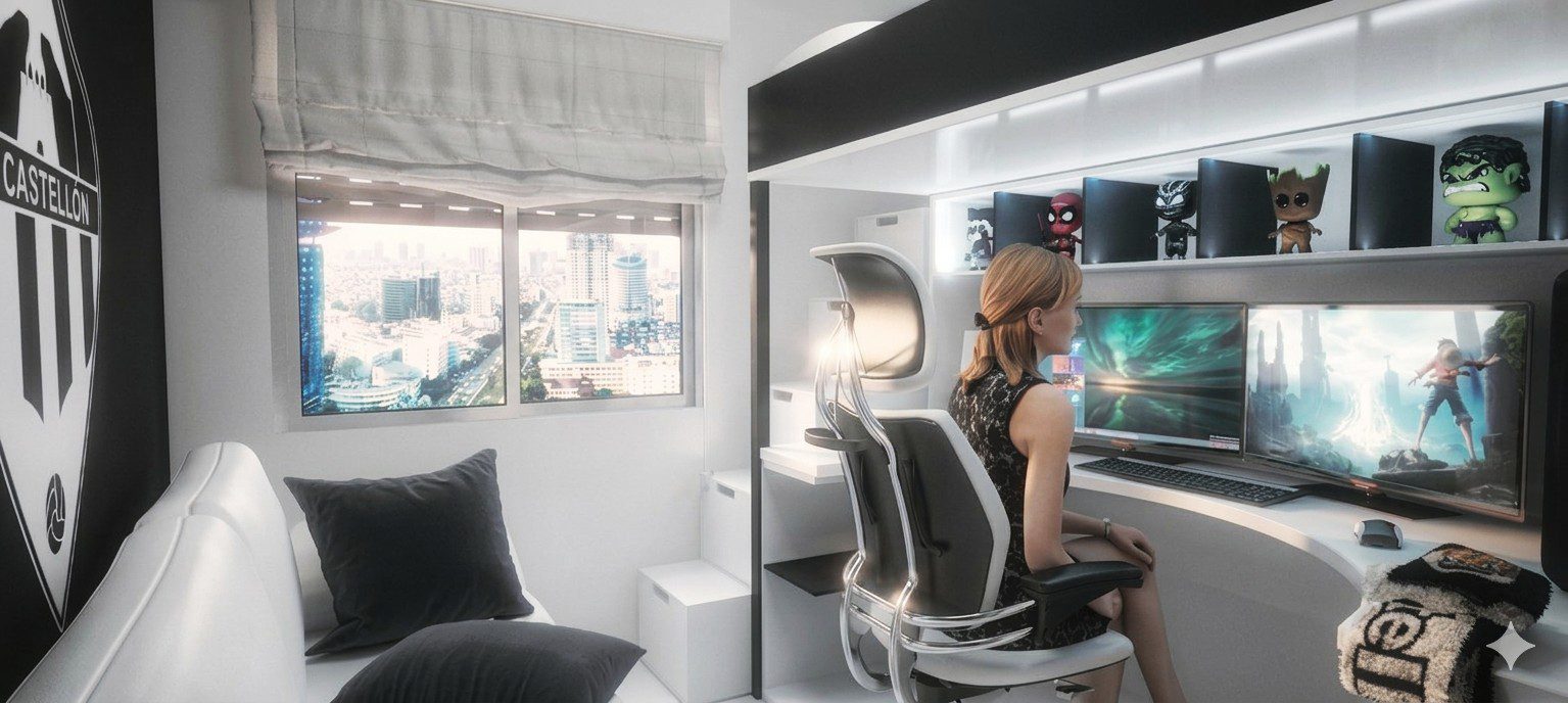Render 3D de un dormitorio gamer moderno con iluminación ambiental. Destaca el mobiliario esquinero a medida en tonos blancos y madera oscura, una balda superior con una tira de luces LED integradas, motivos decorativos geométricos en las paredes y una guitarra acústica apoyada en el rincón.