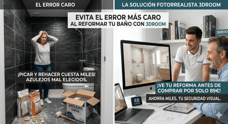Concepto de dos imagenes con un baño a reformar y otra con infografía 3d.