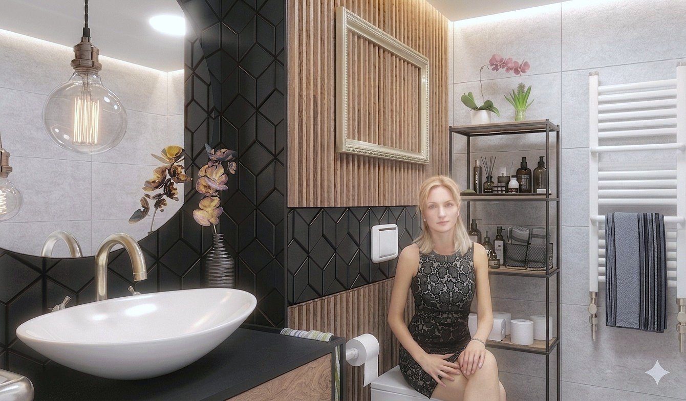 Cuarto de baño de diseño moderno y luminoso con una mujer sentada en el inodoro. A la izquierda se observa un mueble de lavabo flotante en madera clara con grifería negra y un gran espejo redondo. Al fondo, la zona de ducha con mampara de cristal y azulejos grises.