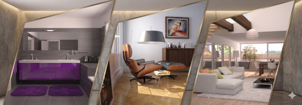 Composición de tres Precios de infografías 3D de diseño de interiores separados por marcos diagonales dorados. Muestra un cuarto de baño moderno con mueble morado, un rincón de lectura con un sillón de cuero y madera, y un salón amplio y luminoso de concepto abierto, usada en la página referida a precios de infografías 3d.