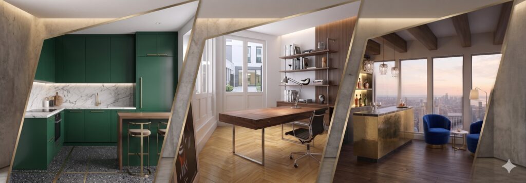 Composición de tres Precios de infografías 3D de interiores divididos por líneas diagonales doradas. Muestra una cocina moderna con armarios verdes y mármol, un despacho luminoso con mesa de madera y un elegante salón con barra dorada y vistas a la ciudad.