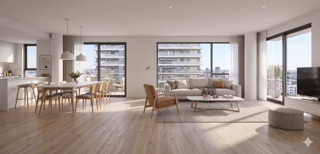 Vista de plano abierto de un apartamento de lujo con suelo de madera clara, que integra cocina, comedor y sala de estar. El área de estar cuenta con un sofá beige, sillón de color tostado y TV. Grandes puertas correderas de cristal se abren a un balcón con vistas a edificios de la ciudad.