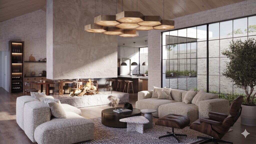 Render 3D de alta calidad de un salón de planta abierta moderno y lujoso con chimenea central de hormigón texturizado y cocina de diseño al fondo.