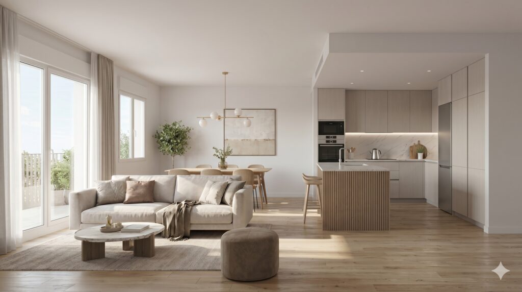 Vista de planta abierta de un salón moderno con cocina integrada. En primer plano hay un sofá beige con cojines, una mesa de centro ovalada y un puf. Al fondo se aprecia la mesa de comedor y una cocina minimalista con una isla de listones de madera.